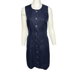 Tory Burch Linen Sheath Dress Size 4 Button Front Navy Blue Sleeveless Pockets